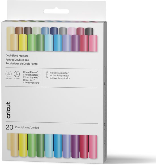 Boîte de 20 marqueurs Cricut double face dans diverses couleurs, dont jaune, rose, bleu et vert.