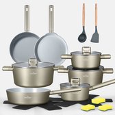 Swiss Haus® SC3018CH Pannenset Inductie - 18-delig – PFAS Vrij – Koekenpan, Kookpannen, Hapjespan, Pannenkoekenpan & Steelpan - Voor Alle Warmtebronnen – Ovenbestendig tot 160°C - Champagne