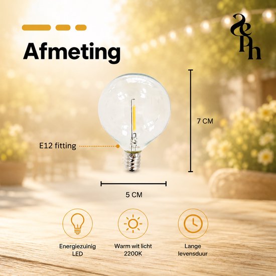 Een doorzichtige globe ledlamp met E12 fitting, 5cm breed en 7cm hoog.