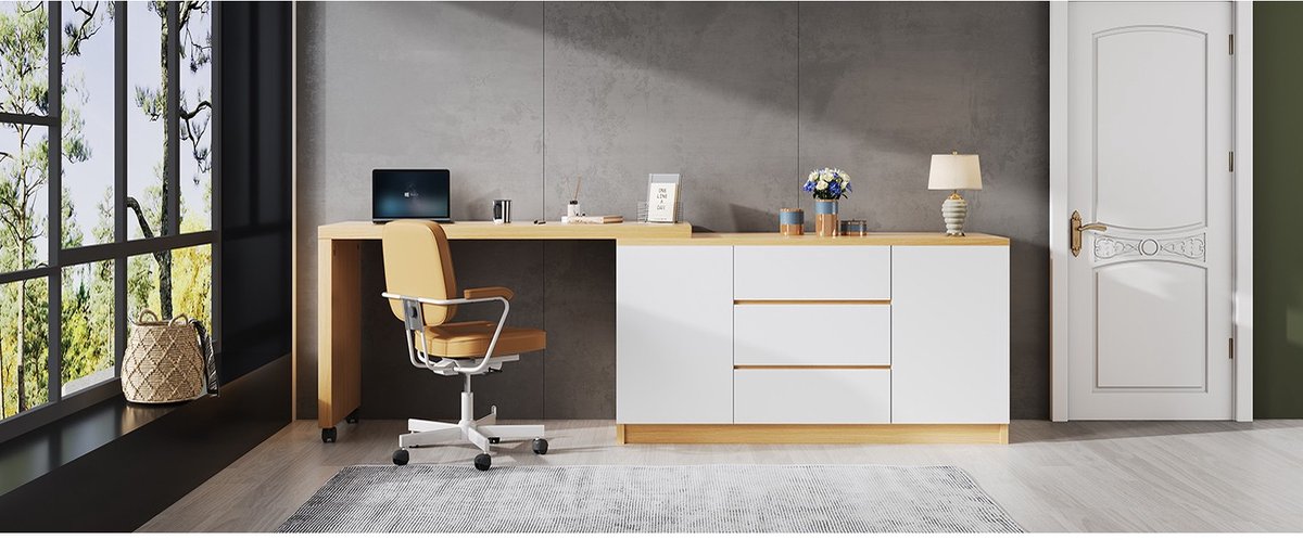 YYchan hoekbureau - wit - 120 x 50 x 76,5 cm - met lade - met opbergruimte - met wielen