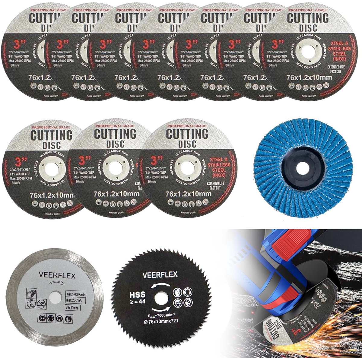 Dailygoods- Slijpschijf 76 mm - 13 Stuks - Voor Haakse Slijper - Voor Metalen/Kunststof/Hout - Maximaal Toerental 25.000 rpm - Dunne Constructie 1,2 mm - Doorslijpschijf