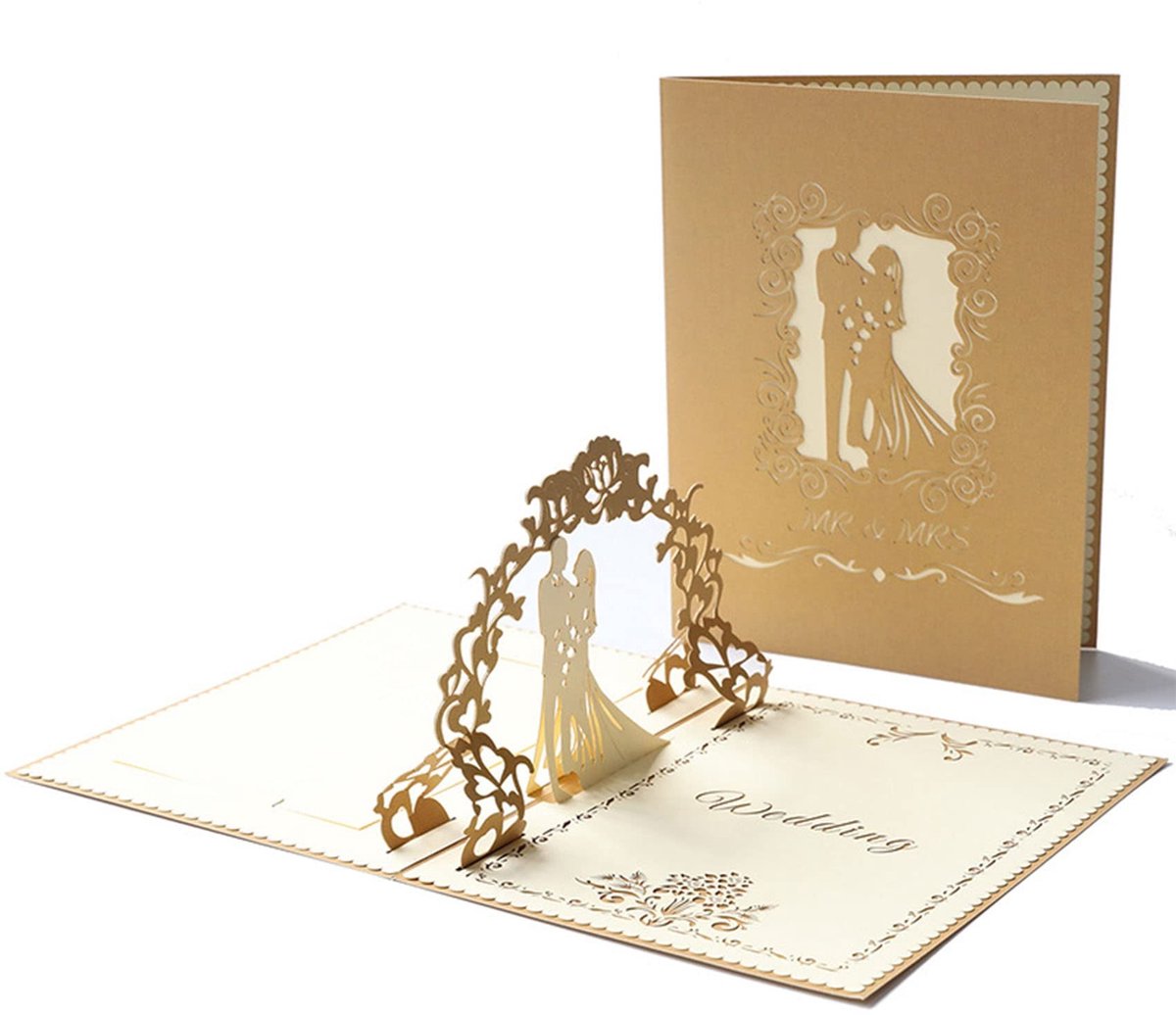 Dailygoods- Wenskaart 3D Pop-up Bruiloft - Huwelijksuitnodiging - Romantische Kaart - Papier - Bijpassende Envelop - Delicaat Design - Trouwkaart