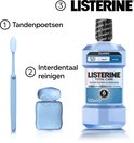 Een lichtblauwe tandenborstel, een lichtblauwe flosspoeler en een Listerine Total Care fles.