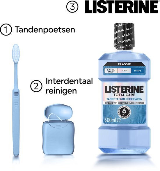Een lichtblauwe tandenborstel, een lichtblauwe flosspoeler en een Listerine Total Care fles.