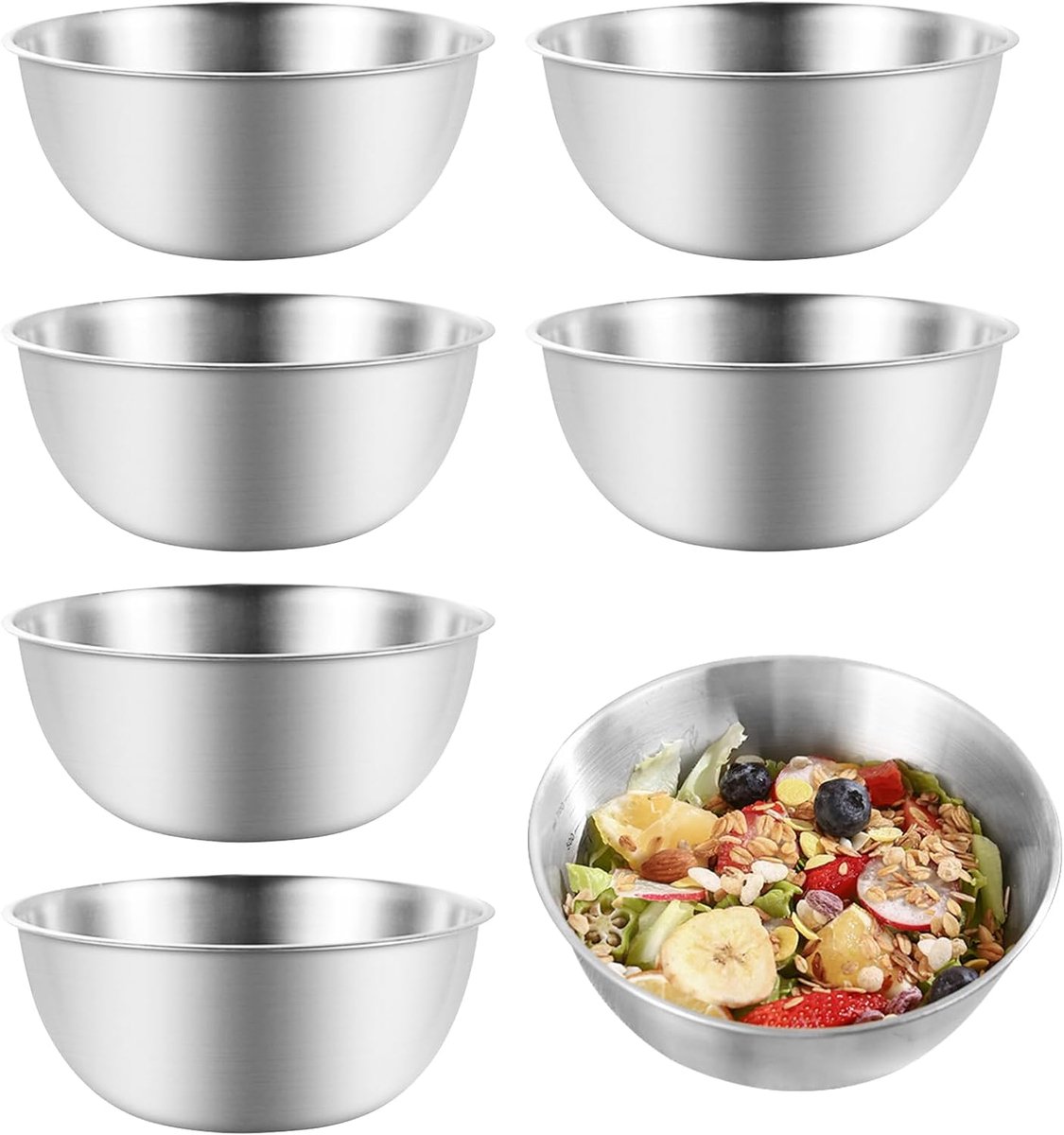 6-delig Schaalset, Ø 17 cm Stapelbaar Metalen Schaalset Hoogwaardige Roestvrijstalen Schalen Vaatwasmachinebestendig voor Saladeschaal Serveerschaal Snackschaal Dipschaal