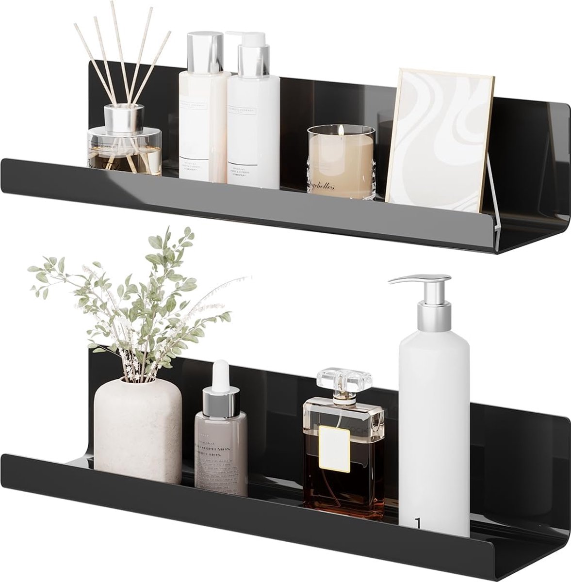 Wandrek Zonder Boren Set Van 2 - Acryl Zwevende Planken Voor Boeken en Foto's, Woondecoratie, Wandplank voor Keuken, Badkamer, Kantoor, Woonkamer (32 x 10 x 8 cm)