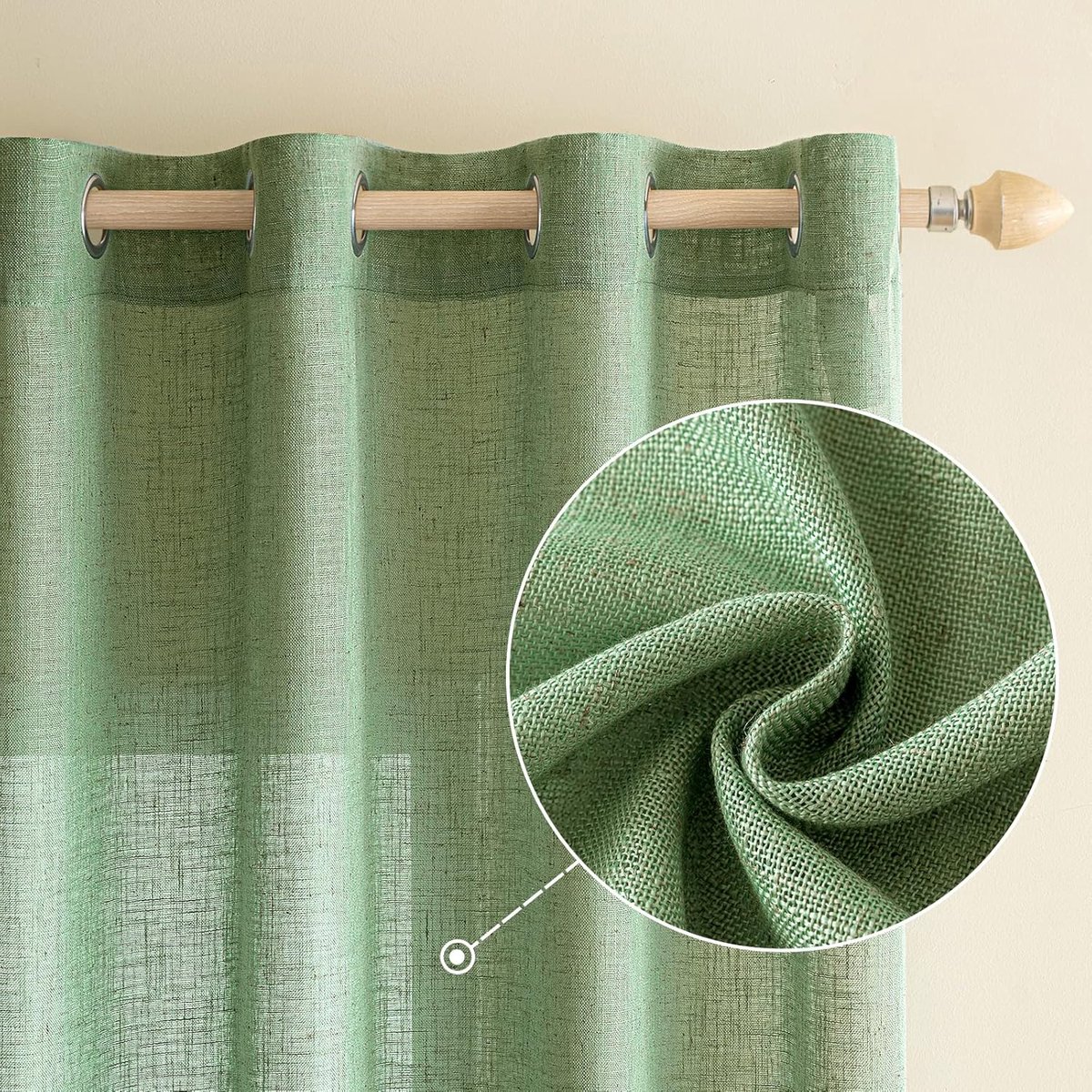 Gordijnen, linnen, gordijn met oogjes, voile, linnenlook, modern, half-transparant, voor woonkamer, decoratief, kinderkamer, lusgordijn, keukengordijnen, set van 2, 140 x 145 cm (b x h), groen