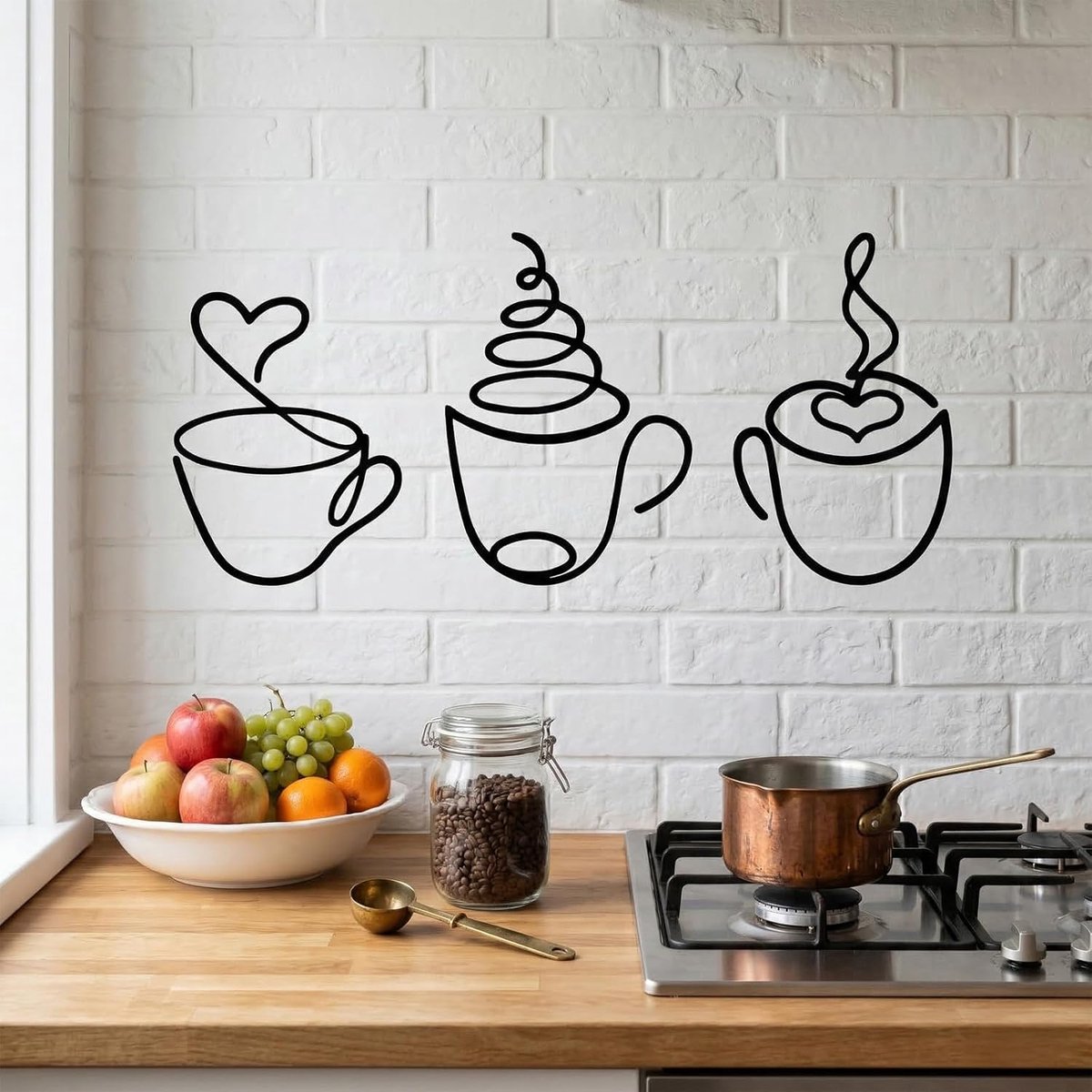 Metalen wanddecoratie, 3 stuks koffiekopjes, wanddecoratie voor keuken, woonkamer, café, hal, met montagemateriaal, zwart, moderne wanddecoratie (20 x 14 cm)
