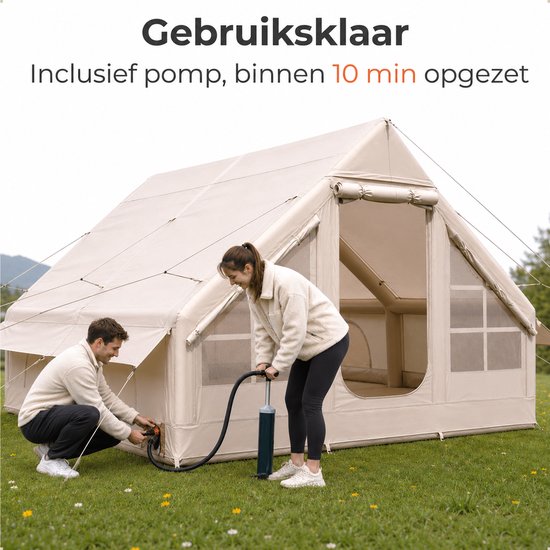 Opblaasbare Kampeertent voor 6-8 Personen, Snel Op Te Zetten met Handpomp, 4-Seizoenentent Van 300d Oxford Stof met Ovenaansluiting, Gaasramen En Praktische Opbergtas van Merkloos — afbeelding 3