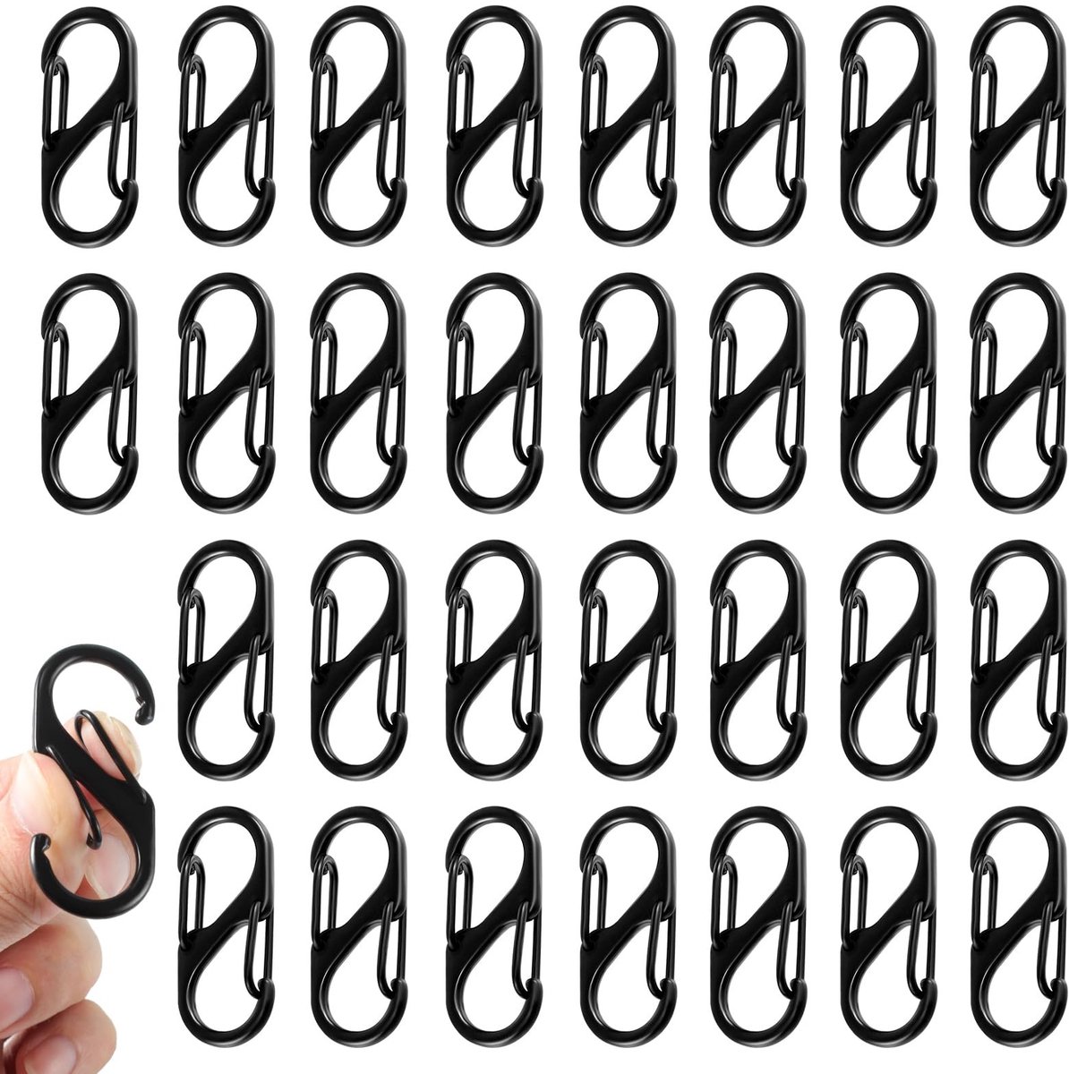 Dailygoods - 30 stuks S-karabijnhaken, 32 mm, mini-karabijnhaken, metalen schroefkarabijnhaken, dubbele veer, 2 openingen, voor outdoor, camping, wandelen (zwart)