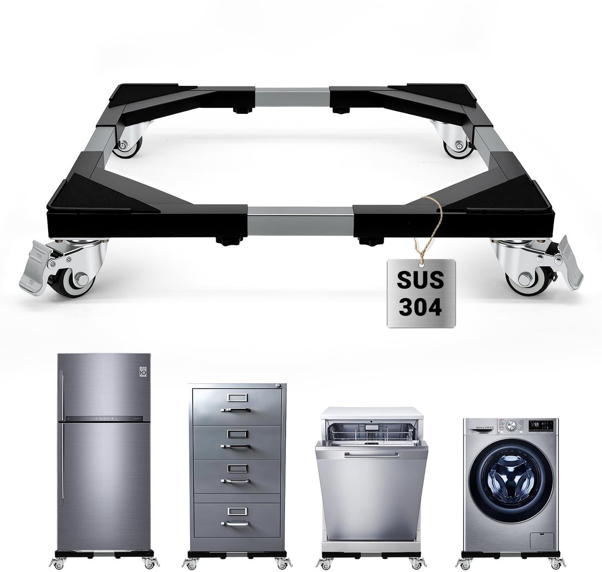 Dailygoods- Wasmachineonderstel verstelbaar - Onderstel met wieltjes - Koelkastonderstel - 300 kg draagkracht - Roestvrij staal - Lichtgewicht aluminium buizen - Sokkel