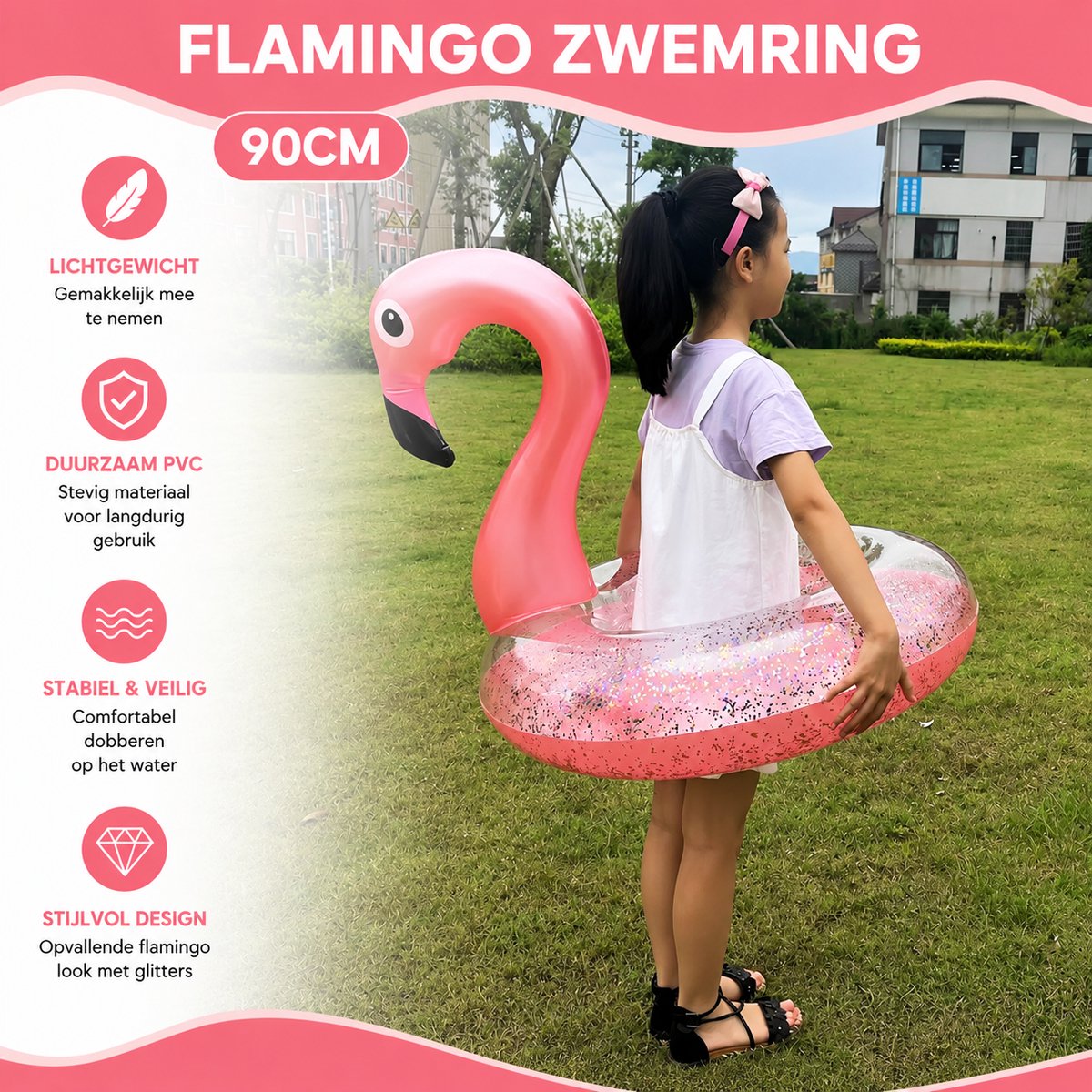 Opblaasbare Flamingo Zwemband 90 cm – Pool Float voor Zwembad & Strand (40–60 kg) – foto 2