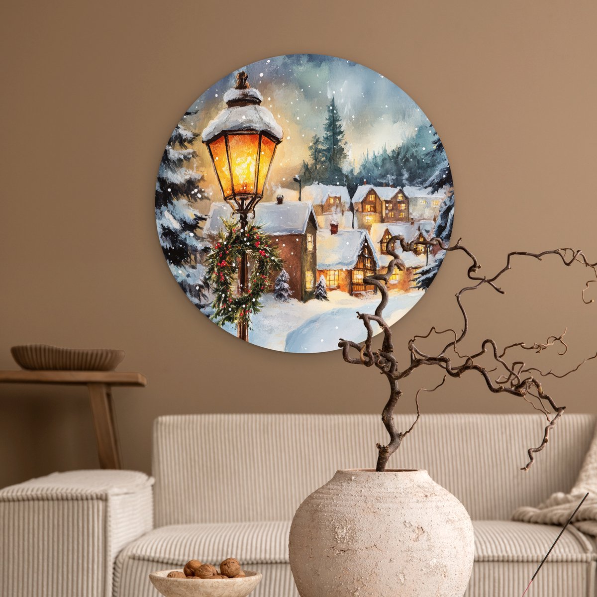 WallCircle® Wandcirkel 60x60 cm - Muurcirkel Kerstdorp - Huizen - Sneeuw - Kerst - Muurdecoratie woonkamer - Wanddecoratie slaapkamer - Kamer decoratie accessoires - Ronde schilderijen – foto 2