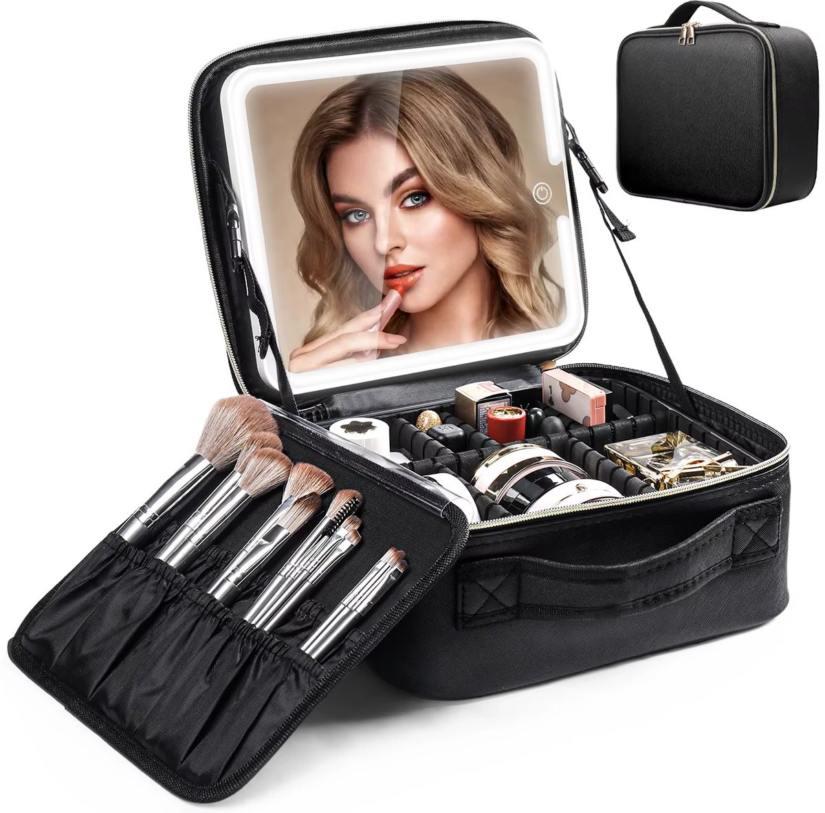 Mura Makeup Tas - Toilettas - Make up Koffer - Kleine Tasjes Dames - LED Verlicht - 3 Lichtkleuren - Spiegel - ABS - Zwart