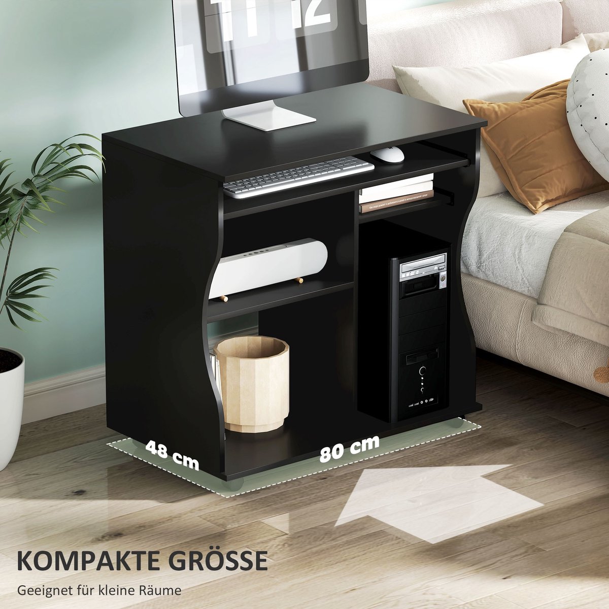 YYchan computerbureau - zwart - 80 x 48 x 75 cm + 48 x 75 cm - met opbergruimte - met wielen
