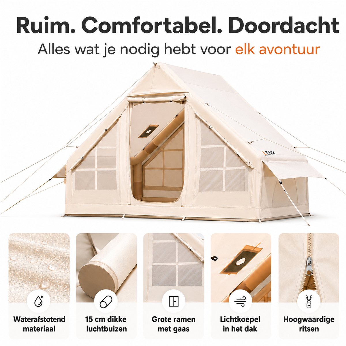 Lenx Opblaasbare Tent 2 tot 4 Personen - 300x210x200 cm - Air Tent - Glamping Tent - Waterdicht - Beige - Inclusief Grondzeil 4x5 m - 420d Oxford Stof – foto 6