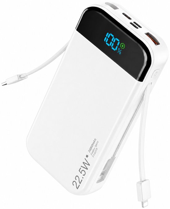 Witte Sounix powerbank van 30.000 mAh met 22.5W, met ingebouwde kabels en een 100% LED-display.