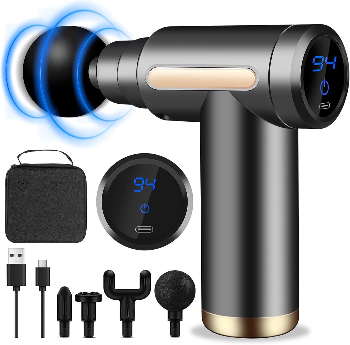 Massagepistool Met LCD-Display 4 Massagekoppen En 6 Snelheidsniveaus - 800 mAh Batterij 25-30 Minuten Gebruiksduur - Geluidsarm Draagbaar - Voor Benen Rug Schouders En Voeten