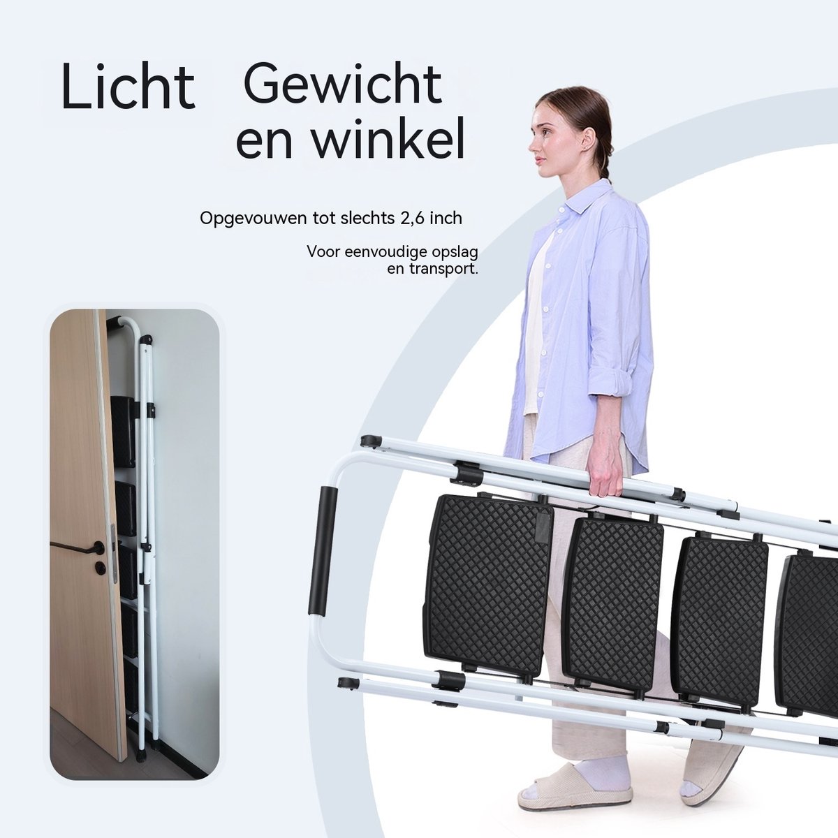 Witte trapladder - Opvouwbare ladder - Keukentrap-Huishoudtrap – Brede treden – Anti-slip – Veiligheidsbeugel - Staal - Keuken - 4 treden- Inklapbaar-Wit – foto 8