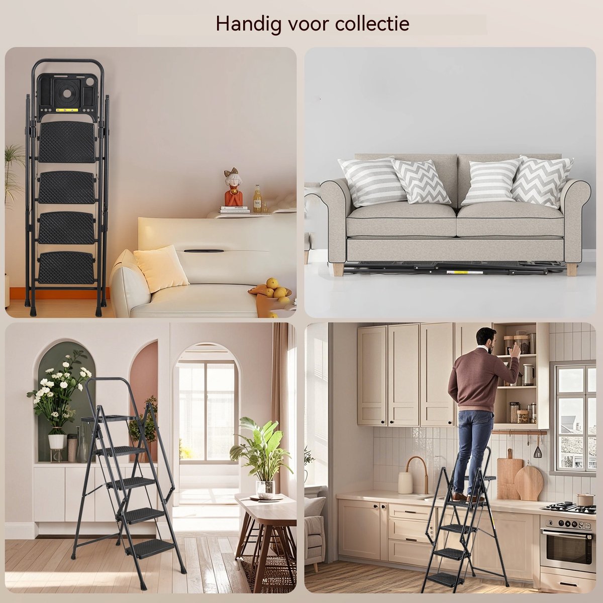 Inklapbare Trap - Keukentrap - Stalen Vouwladder-Huishoudtrap – Antislip –Met Leuning – Veiligheidsvergrendeling - 150 kg - Thuis - 4 Treden- Opvouwbaar-Zwart – foto 4