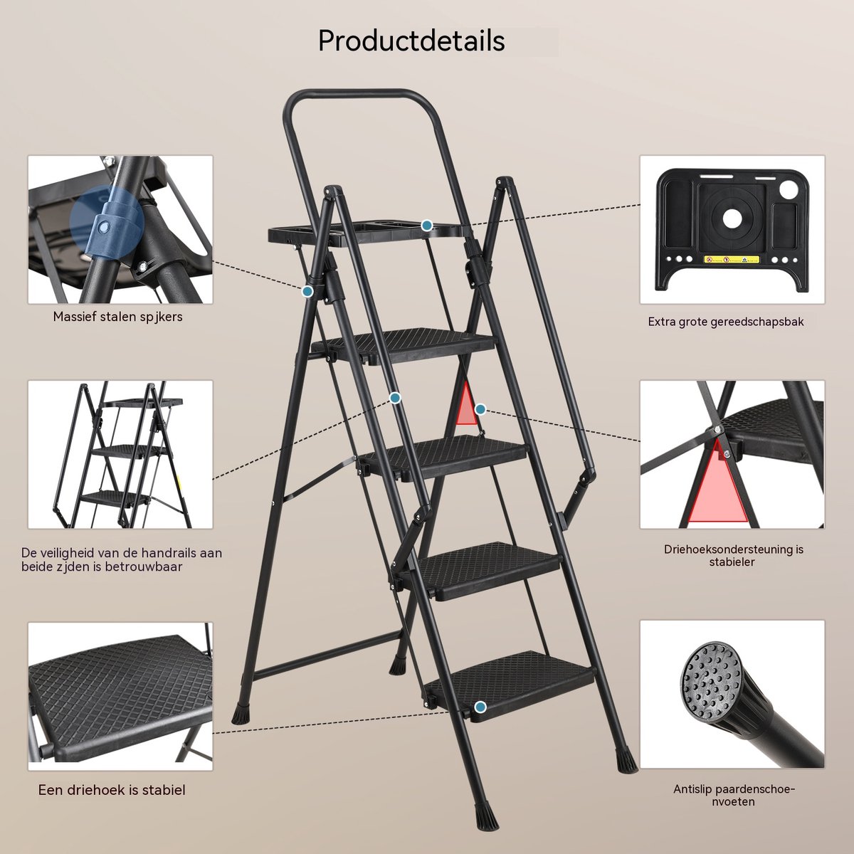 Inklapbare Trap - Keukentrap - Stalen Vouwladder-Huishoudtrap – Antislip –Met Leuning – Veiligheidsvergrendeling - 150 kg - Thuis - 4 Treden- Opvouwbaar-Zwart – foto 8