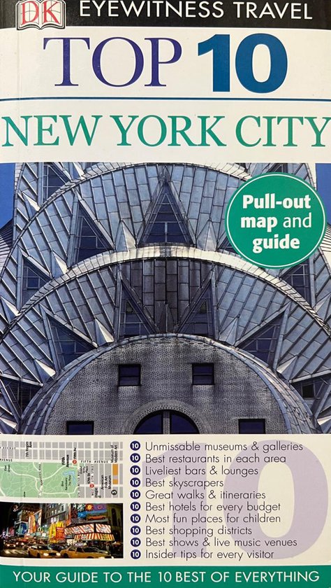 Dk Eyewitness Top 10 New York City gids met een afbeelding van het Chrysler Building en een kaart van Manhattan.