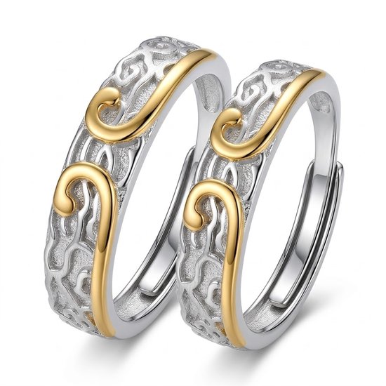 Twee verstelbare zilverkleurige ringen met goudkleurige kruldetails en vintage patroon.