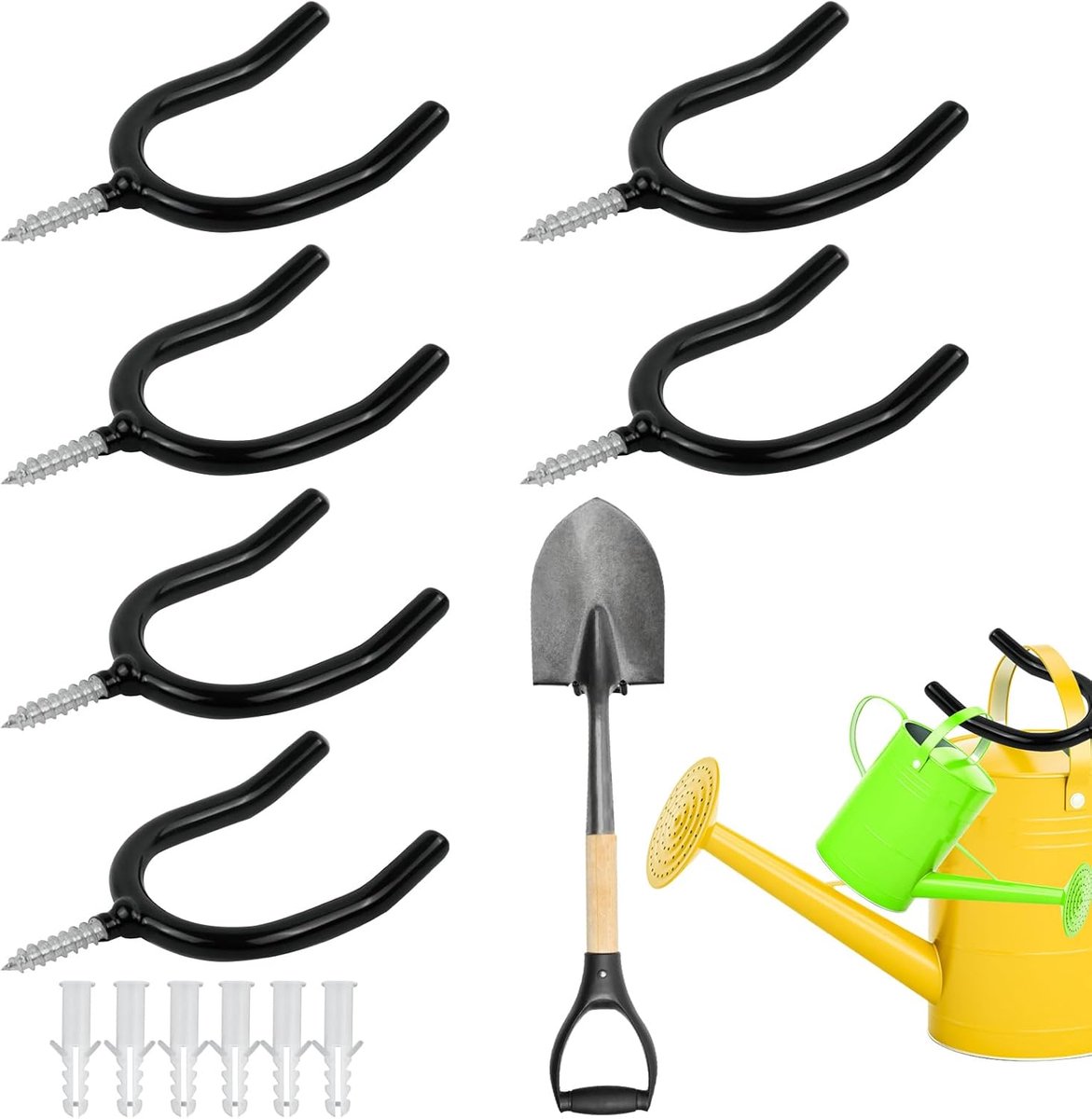 wandhouder, gereedschapshouder muur, haak voor tuingereedschap, tuingereedschapshouder, organizer voor bezem, schep, hark, tuingereedschap, metaal, 6 stuks, zwart