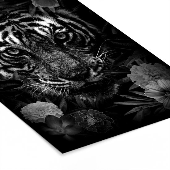 Cadre photo avec affiche Zwart Wit- Tigre parmi les fleurs - noir et blanc - 20x30 cm - Cadre pour affiche