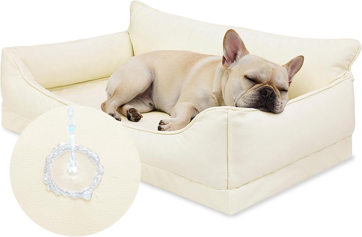 hondenbed, waterdicht kunstleer, hondenbank, 73 x 45 cm, voor kleine honden, hondenbedden met eierkistschuim, afneembaar, wasbaar, antislip hondenmand, beige