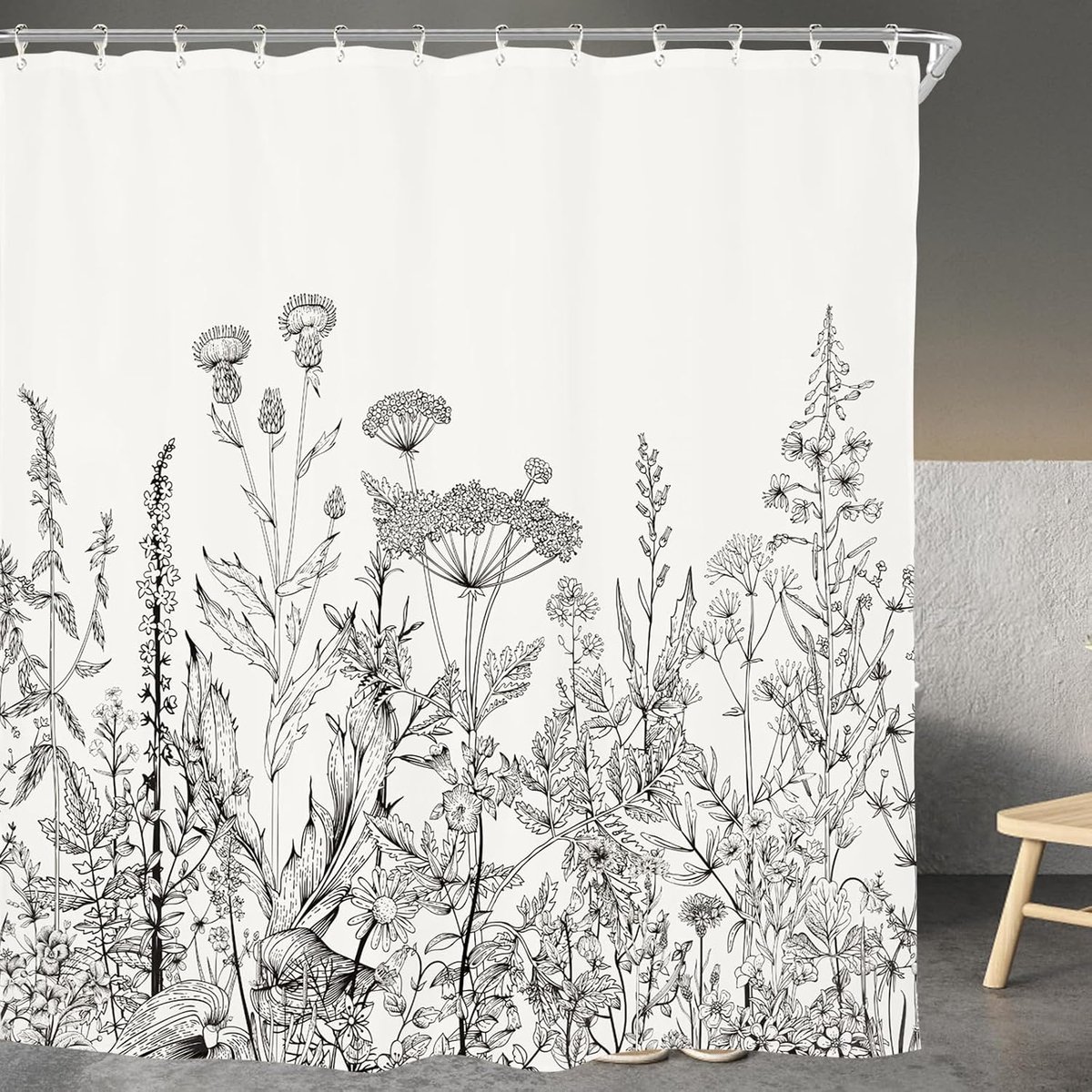 Douchegordijn - Douchegordijn met wilde bloemen - Botanische motieven, kruiden, tulpen, wilde bloemen, bladeren, schetsen - waterdichte stof - 180 x 180 cm - Badkamerdecoratie van polyester - Inclusief ophanghaak