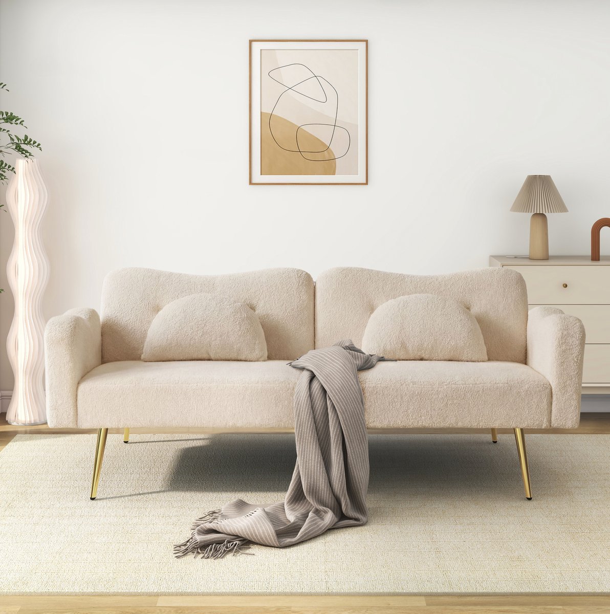 MIVRAY Slaapbank 2-Zits 175 Cm - Verstelbare Rugleuning En Bedfunctie - Voor Woonkamer En Logeerkamer - Teddy Beige Met Goudkleurige Poten