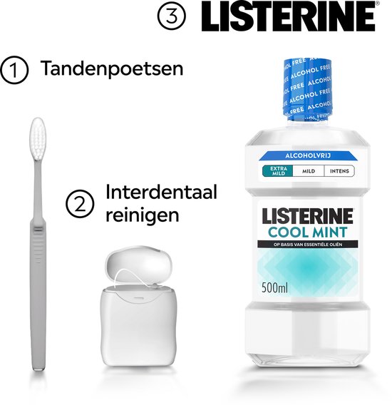 Listerine Cool Mint alcoholvrij mondwater met een tandenborstel en flosdraad.