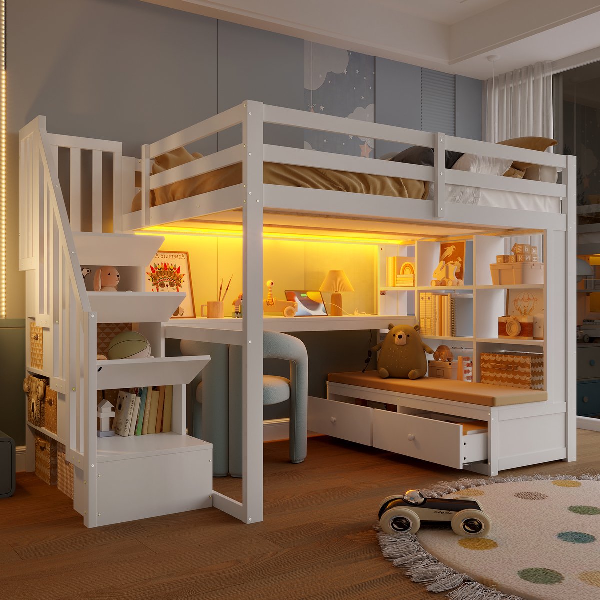Hoogbed met bureau en opbergtrap - Voor kinder- en tienerkamer 140x200 cm - Wit - Inclusief 2 lades en legplanken - Geïntegreerde LED-verlichting - Stabiel grenen frame
