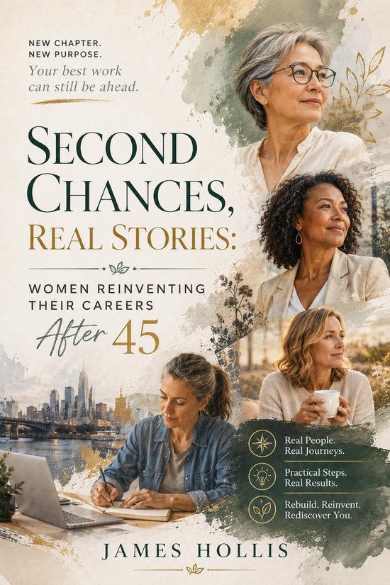 Boekomslag 'Second Chances, Real Stories: Women Reinventing Their Careers After 45' met vier vrouwen, tekst en afbeelding van een stad.