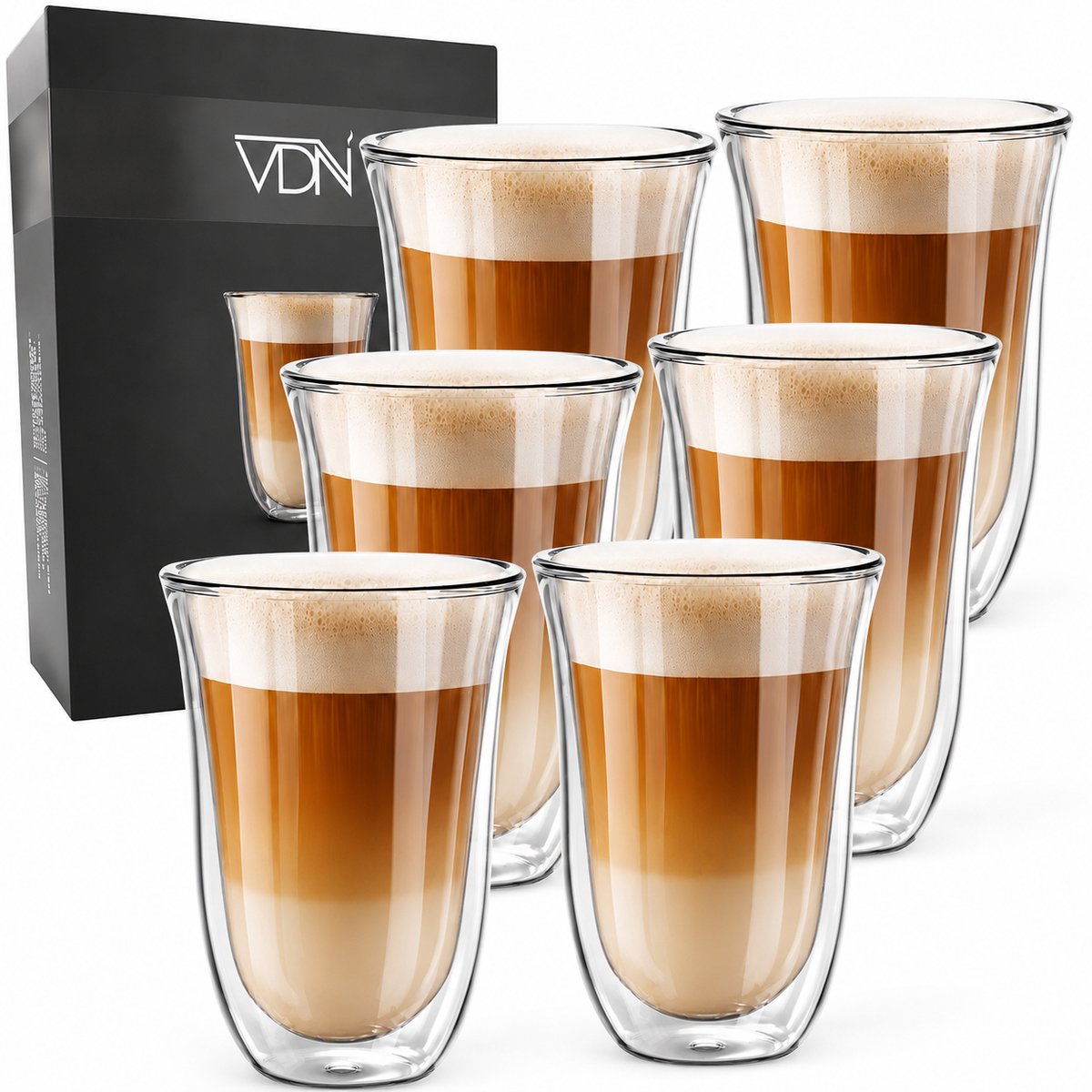 Bol.com VDN Dubbelwandige Koffieglazen 300 ML - Theeglazen Set van 6 - Handgeblazen Latte Macchiato Glazen Koffietassen zonder O... aanbieding