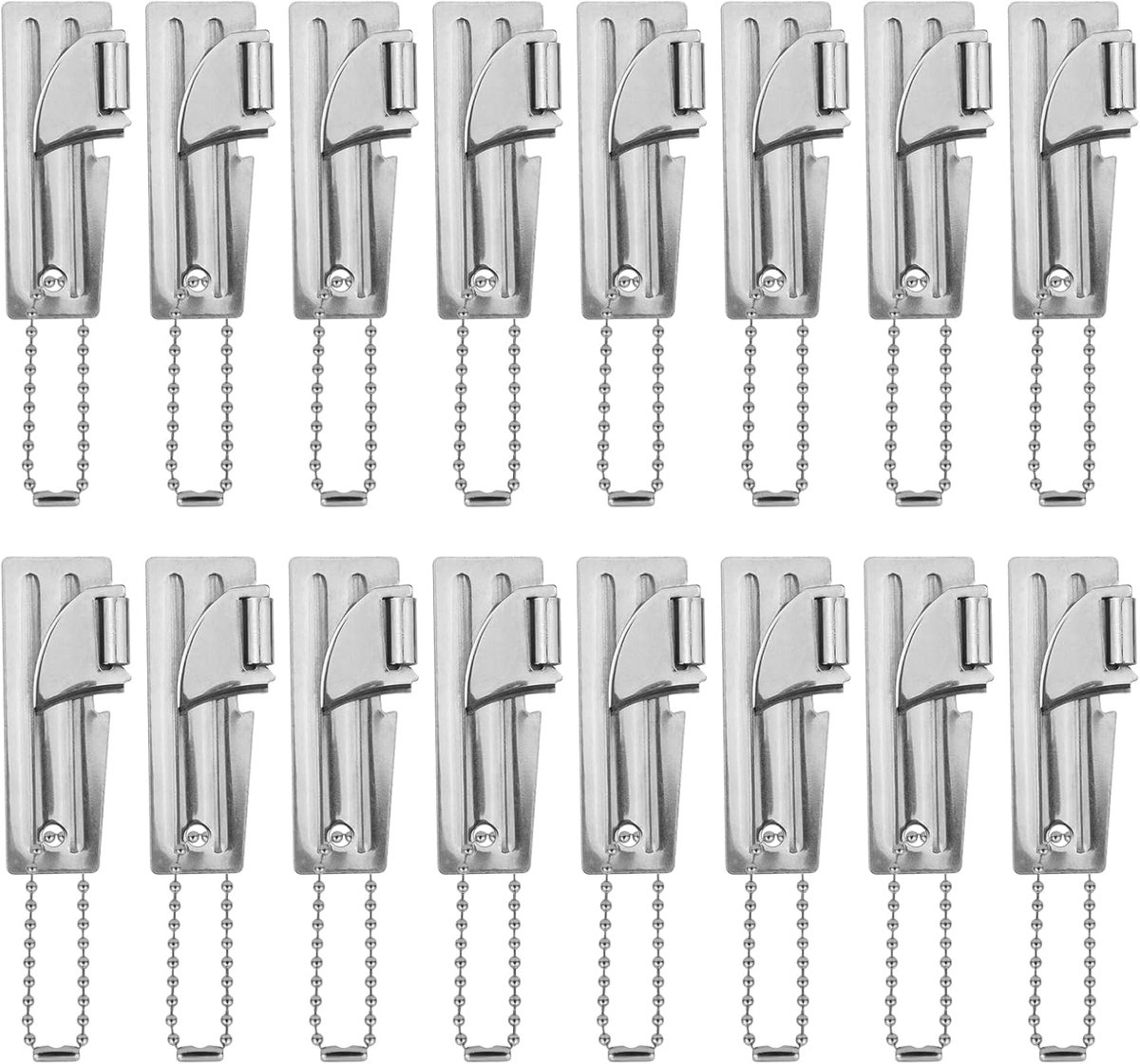 16 Stuks P51 Blikopeners, Roestvrijstalen Militaire Blikopener met Kettingen Handmatige Draagbare Noodblikopener Praktische Overlevingsblikopener voor Buitenreizen en Kamperen