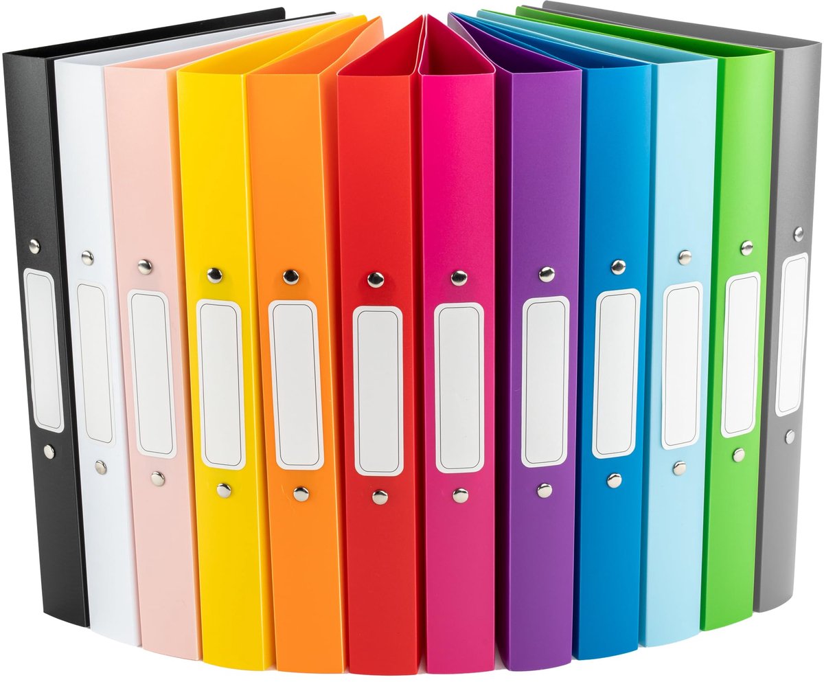 Famanu – Set van 12 ringbanden in 12 kleuren, A4 formaat met 2-ringmechaniek en rugbreedte van 3,5 cm, robuuste kunststof ringmappen, inclusief stickers en nietmachine