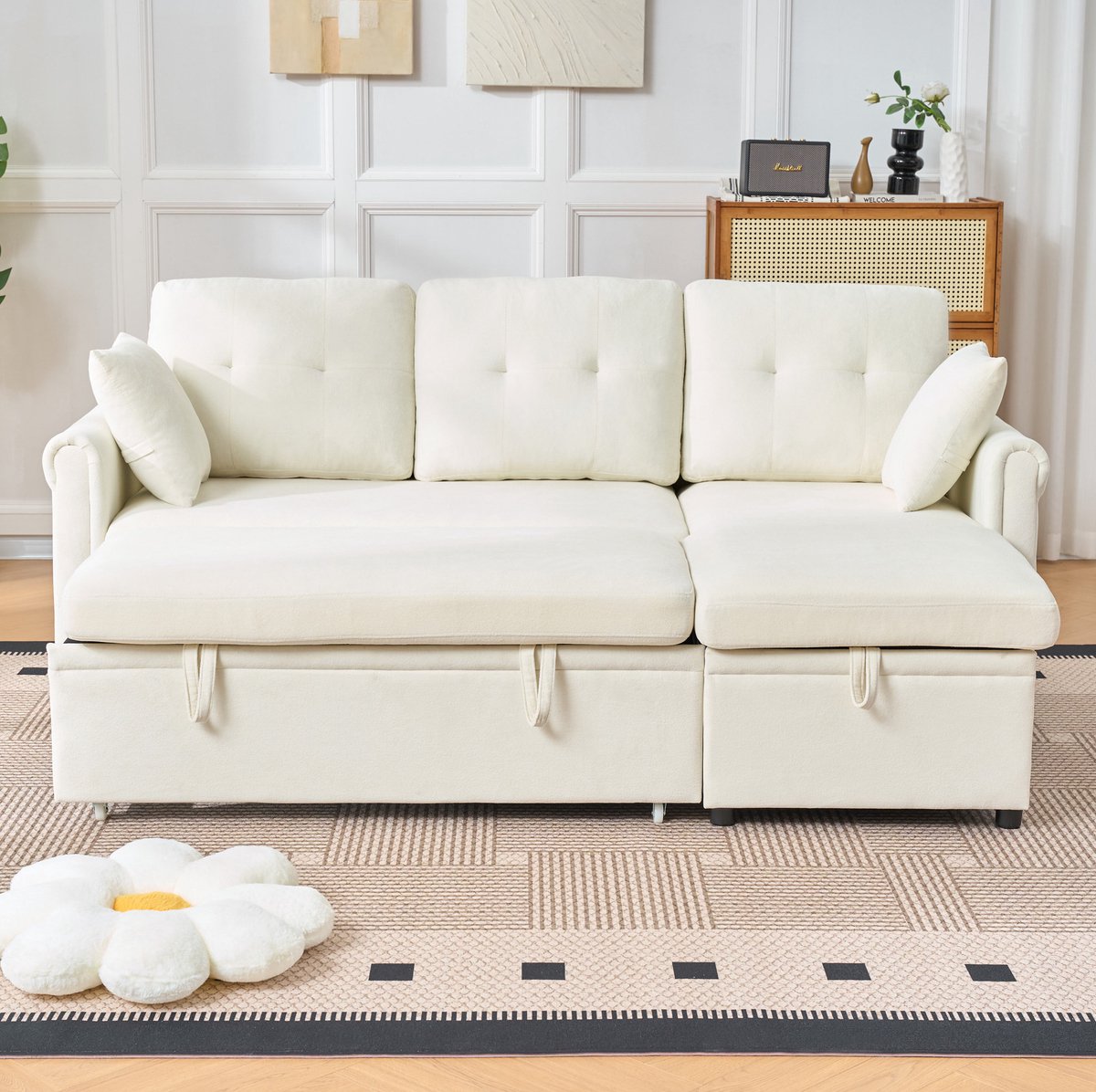 DESMIU Hoekbank 3-Zits - Slaapbank Met Opbergruimte En Links Of Rechts Monteerbare Chaise Longue - Voor Woonkamer En Logeerkamer - Stof Beige