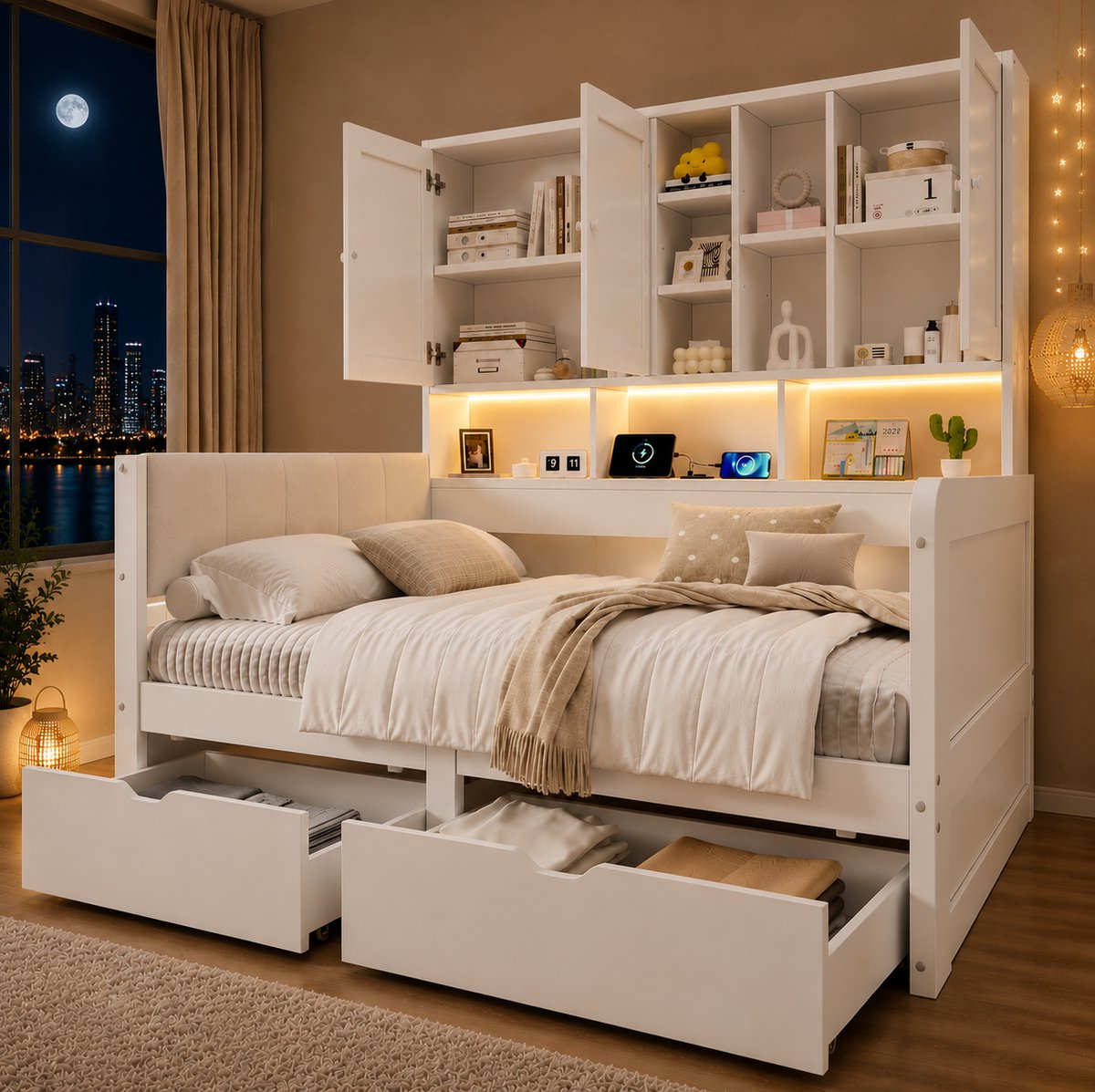 OKWISH Kinderbed 90x200cm – Opbergbed met LED-Verlichting en USB-Oplaadpunten – Twee Schuifladen – Voor Kinderen – MDF – Wit – Zonder Matras
