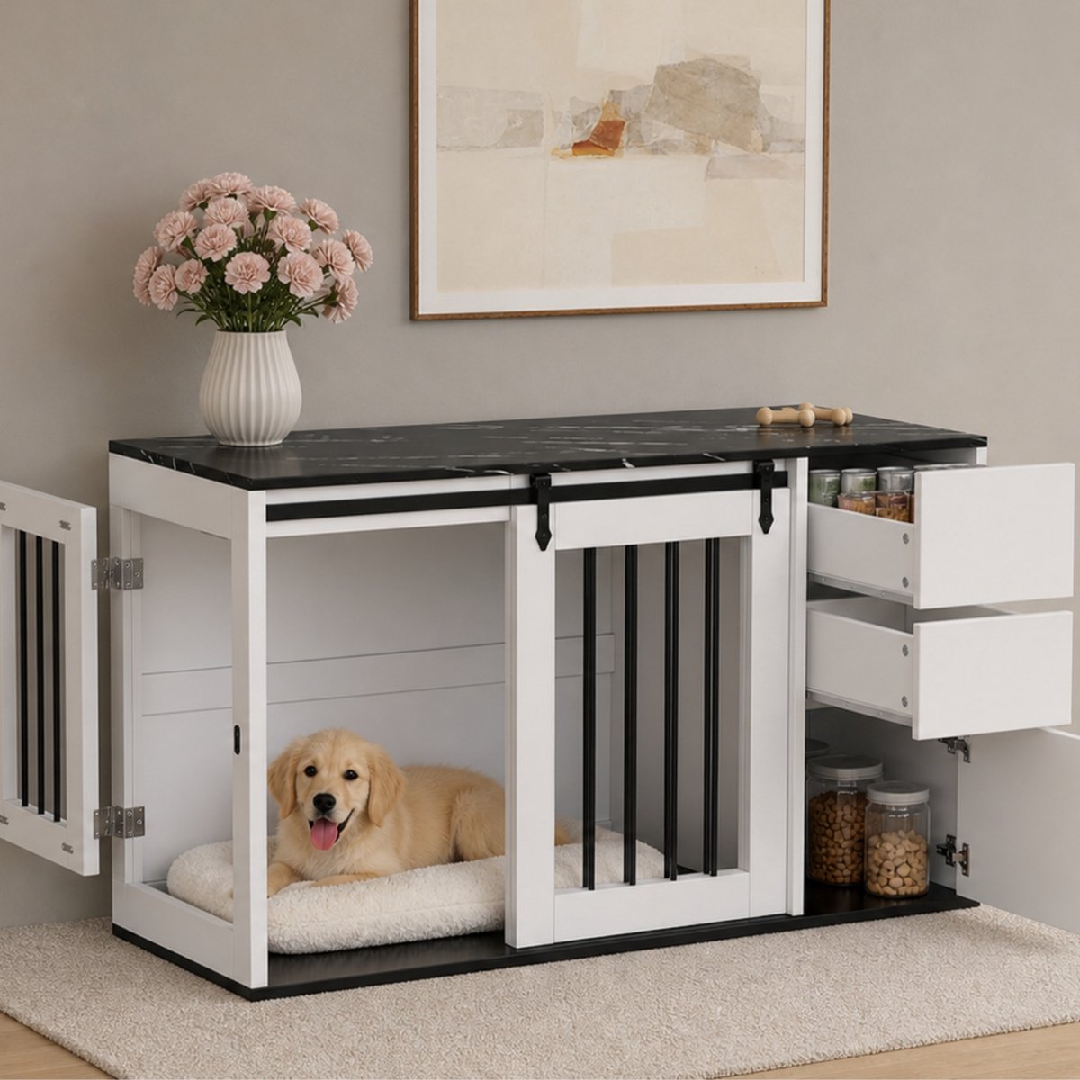OKWISH Hondenbox Met Opbergruimte – Schuifdeur En Zijdeur – 140 X 60 X 87 Cm – Mdf En Metaal – Wit – Als Bijzettafel En Hondenbench