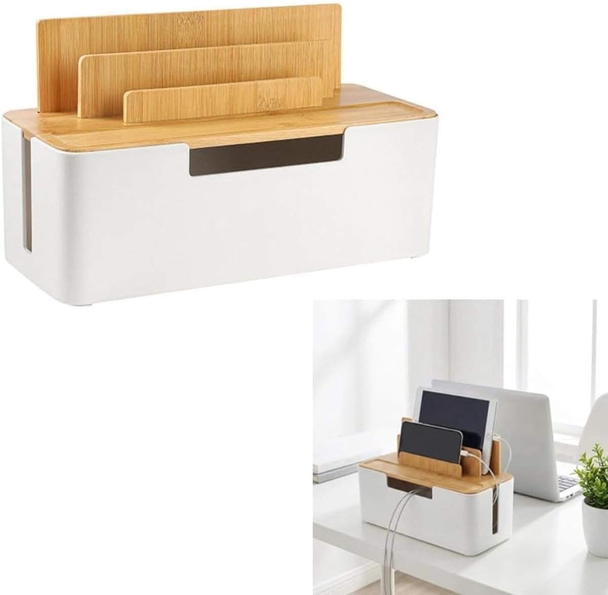 Kabelopbergbox - Kabelopbergbox met Bamboe Deksel - Bureau-stroomadapter - Kabelopbergdoos - Bamboe Kabeldoos - Kabelorganizer - Kabel Organizer - Kabel‑ en Stekkerdoos Organizer - Kantoor en Thuis Gebruik - 15.7×30.2×13 cm