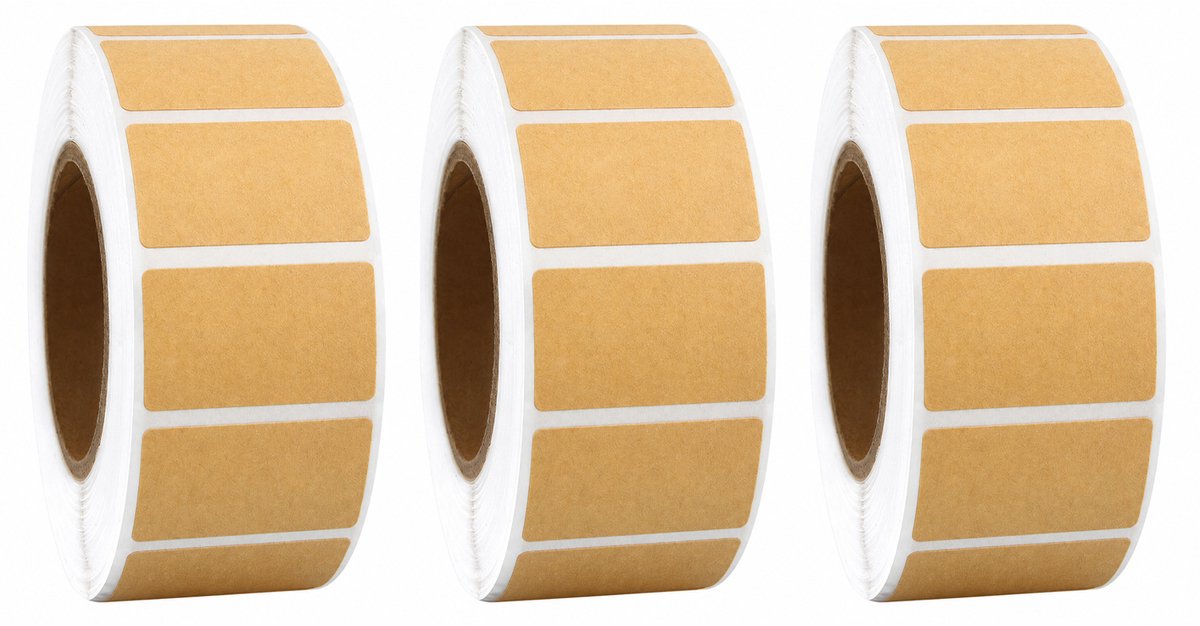 3 rollen blanco kraftpapieren etiketten (15 x 25 mm) – 800 etiketten per rol – Geschikt om met de hand te beschrijven; zelfklevend; laat geen resten achter.