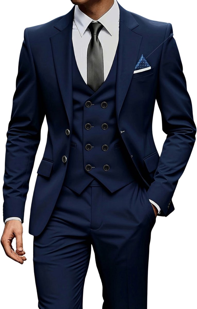 Currero 3 Delig Herenpak Met Overhemd - Suit 2 Delig - Tailored Fit Kostuum - Business Pak - Trouwpak - Smoking - Tuxedo Stijl - Bruiloft, Kantoor & Feest - Marineblauw XXL