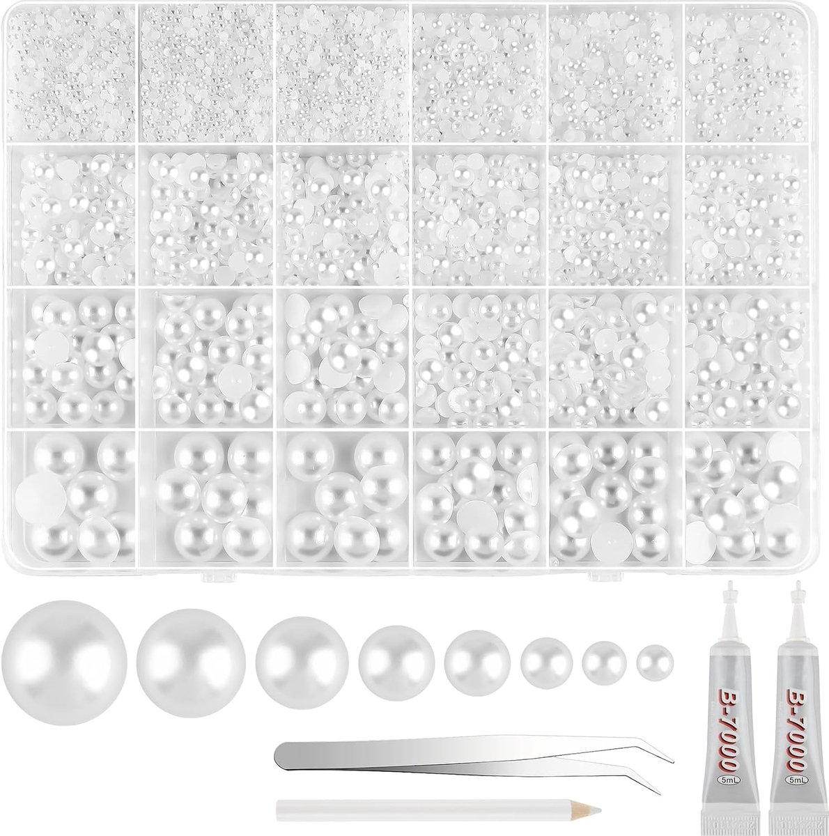 NEBURORA 13000pcs White Flat Back Pearl Set 8 Sizes with Tweezers and Picker, Flat Back Pencil, Pearl Beads, Half - ShopVlot