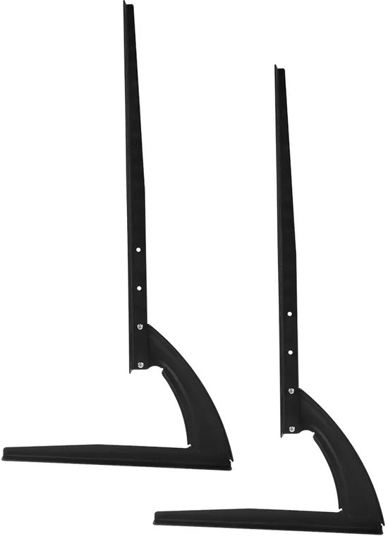 Twee zwarte metalen TV-standaardpoten met gebogen L-vorm.