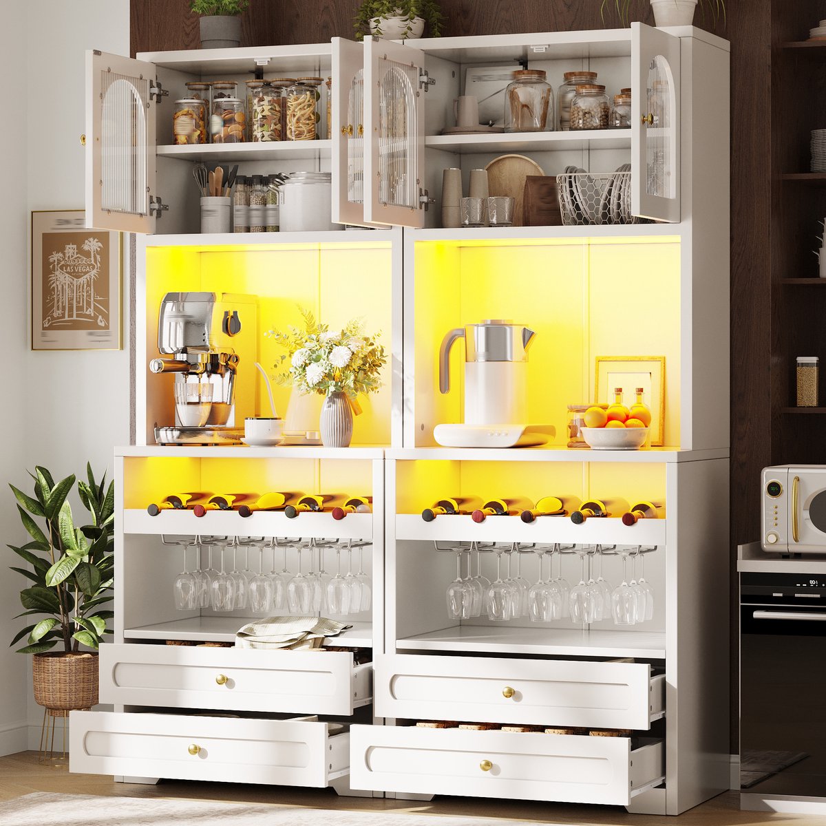 Clruro Keukenkasten - 140 x 40 x 180 cm - Set van 2 - App-LED en Wijnrek - MDF/Metaal - Wit