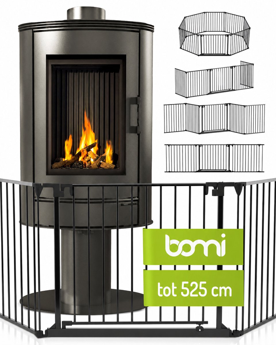 Bomi Milo Grondbox Inklapbaar 525 cm Zwart Metaal Zonder Boren - Haardhek - Haardscherm - Kachelhek - Openhaard Hek - Puppyren - Dierenhek - 8 Panelen