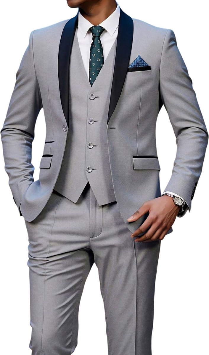 Currero 3 Delig Herenpak Met Overhemd - Suit 2 Delig - Tailored Fit Kostuum - Business Pak - Trouwpak - Smoking - Tuxedo Stijl - Bruiloft, Kantoor & Feest - Grijs 1 XXXL