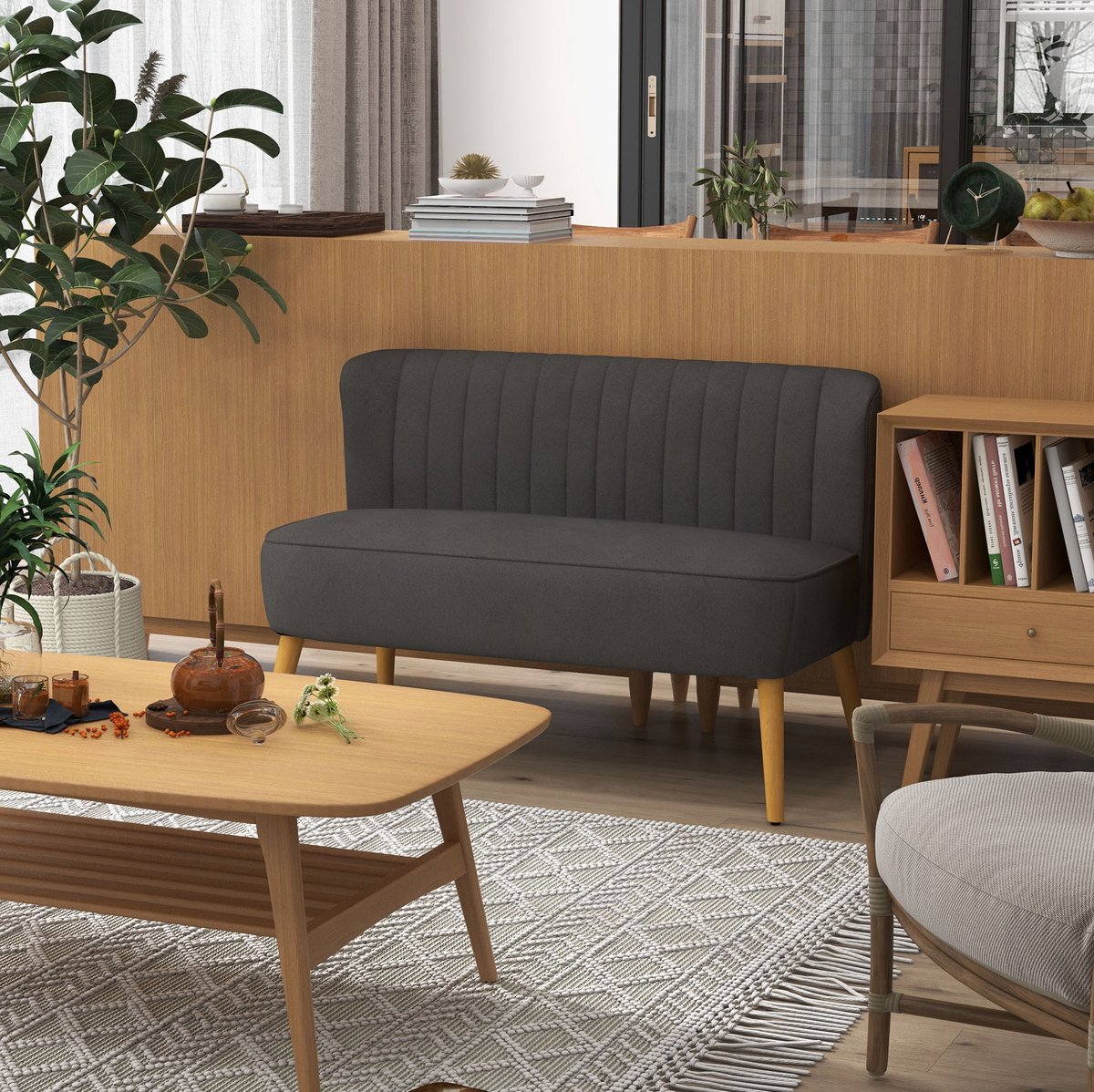 DESMIU Zitbank 2-Zits - Comfortabele Loveseat Met Houten Poten En Linnenlook - Voor Woonkamer En Zitruimte - Polyester - Donkergrijs